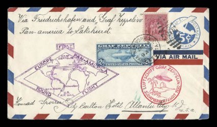 C13-15, 65c-$2.60 Graf Zeppelins cplt., each tied to cover or card flown on the 1930 Pan-American flight (Sieger 64), 65c on Zeppelin photo card for the return flight from
Lakehurst to Friedrichshafen, $1.30 on picture post card and $2.60 on co