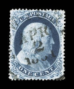 22, 1c Blue, Ty. IIIa, used example from Plate 11, uncommonly well centered and margined, bright rich color and a deeply etched impression on pristine white paper, light 1861
c.d.s., extremely fine 2003 PF certificate for the cover from which t