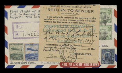 Sieger 454E var., 1937 First North American Crash Flight of the Hindenburg for the return flight, prepared registered cover from Flushing, New York with five United States
adhesives for the return trip to Germany, plus two uncancelled German a