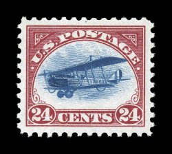 C3, 24c Carmine rose and blue, symmetrically large margins all around, bright fresh colors, o.g., n.h., extremely fine 2008 PSE certificate (XF-Superb 95 SMQ
$640.00).