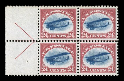 C3, 24c Carmine rose and blue, a most attractive left margin arrow block of four, remarkably well centered, brilliantly rich colors, pristine o.g., n.h., extremely fine a gem
arrow block cataloged as four never hinged singles.