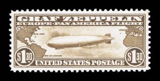 C14, $1.30 Graf Zeppelin, gem mint example, possessing near perfect centering within uncharacteristically large margins, sumptuously rich color, immaculate o.g., n.h.,
extremely fine a stamp for the most fastidious collector 1999 PF and 2008 P
