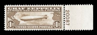 C14, $1.30 Graf Zeppelin, gem right sheet-margin plate no. 20087 single, large well balanced margins all around, deep rich color, o.g., n.h., extremely fine 2000 PF
certificate.