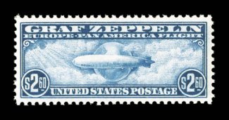 C15, $2.60 Graf Zeppelin, a magnificent quality mint example that would please even the most demanding condition conscious collector, being incredibly well centered and
margined, plus its color and impression are prooflike on pristine paper, unb