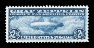 C15, $2.60 Graf Zeppelin, extraordinarily well centered and margined, strong color, unblemished o.g., n.h., extremely fine a highly desirable $2.60 Graf Zeppelin 2008 PSE
certificate (XF-Superb 95 SMQ $2,650.00).