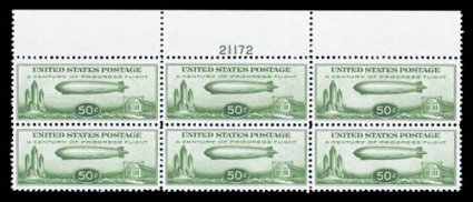 C18, 50c Graf Zeppelin, select full top margin plate no. 21172 block of six, extraordinarily well centered and margined throughout, o.g., n.h., couple of natural gum bends,
extremely fine not often encountered this choice.