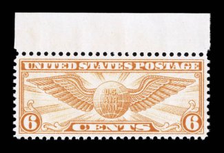 C19, 6c Winged Globe, top sheet-margin single, remarkably well centered and margined, brilliant color, o.g., n.h., extremely fine gem 2008 PSE certificate (XF-Superb 95 SMQ
$275.00).