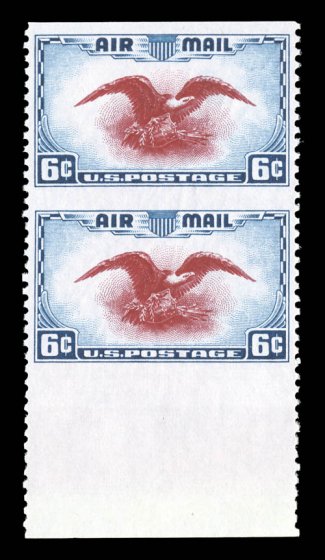 C23a, 6c Dark blue and carmine, imperforate horizontally, gem bottom sheet-margin vertical pair, being far better centered than typically found, brilliantly fresh, o.g., n.h.,
extremely fine.