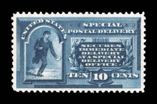 E1, 10c Blue, a remarkably fresh and choice mint example, possessing an overall brilliance and crispness few others enjoy, with sumptuously rich color and a deeply etched
impression on immaculate paper, outstanding centering within uncharacteris