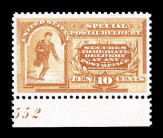 E3, 10c Orange, an exceptional bottom sheet margin single with partial plate number, being exceedingly well centered within particularly large margins, its color is especially
strong and fresh, uniformly even and intact perforations, o.g., n.h.,