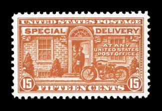 E13, 15c Deep orange, exceptionally well centered and margined, vibrant color, pristine o.g., n.h., extremely fine 2006 PSE certificate (XF-Superb 95 SMQ
$295.00).