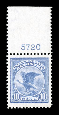 F1, 10c Registration, striking top margin plate no. 5720 single, wonderfully well centered within gigantic margins all around, beautiful rich color and a strong detailed
impression, o.g. n.h., extremely fine a remarkably large-margined gem 199