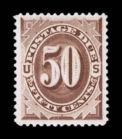 J21, 50c Red brown, an incredibly fresh and choice mint example of this scarce postage due high value, possessing a wonderful overall brilliance, with sumptuously rich color
and a sharp impression on crisp paper, well centered within large margi