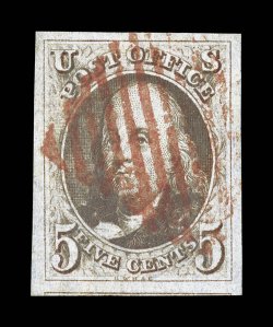 1, 5c Red brown, an exceptionally choice used example, possessing four very large margins, rich color and a strong impression, crisp red grid cancel, extremely fine a lovely Five
Cent 1847 Issue 1990 PF certificate.