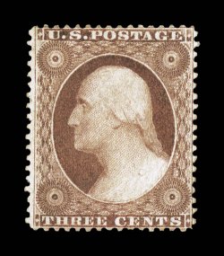 25, 3c Rose, Ty. I, nicely centered, strong color and impression, full o.g., lightly hinged, choice very fine encapsulated PSE certificate (VF 80 SMQ $3,200.00).