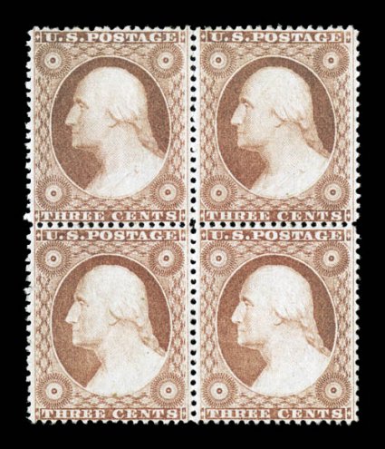 26, 3c Dull red, Ty. III, block of four, marvelously well centered, quite fresh overall, o.g., lightly hinged, extremely fine a particularly choice mint block 1999 PF
certificate.