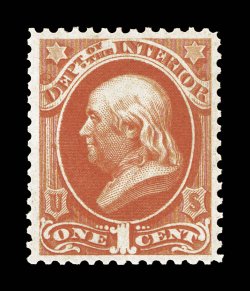 O15, 1c Interior, uncommonly well centered within large margins, strong vibrant color, fresh o.g., n.h., extremely fine 1993 PF certificate for a block of six, this being the
bottom left stamp, and a 2006 PSE certificate for the single (XF 90