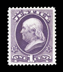 O25, 1c Justice, a highly desirable mint single, featuring unusually large margins all around and being quite well centered within them, plus its color is especially bright and
rich, while its impression is well incised on fresh white paper, pri