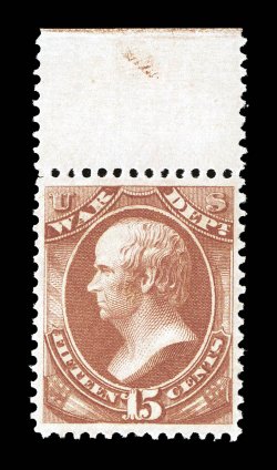 O90, 15c War, an especially handsome and desirable mint top sheet-margin single, marvelously well centered, rich luxuriant color and a sharp impression, o.g., n.h., extremely
fine gem 2007 PF certificate (XF-Superb 95 SMQ does not price never