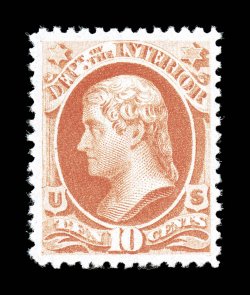 O100, 10c Interior, on soft porous paper, exceptionally well centered within large margins, bright color and paper, o.g., n.h., extremely fine 2005 PF
certificate.