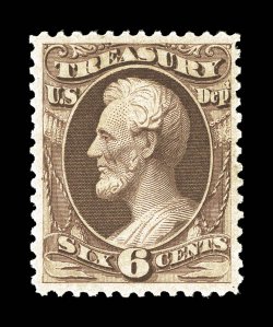 O110, 6c Treasury, on soft porous paper, exceptionally well centered and margined, rich color and a strong impression, o.g., lightly hinged, extremely fine 2008 PSE certificate
(VF-XF 85 SMQ $300.00).