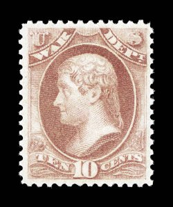 O118, 10c War, on soft porous paper, uncharacteristically well centered and margined, attractive color, o.g., n.h., extremely fine 2008 PSE certificate (XF 90 not priced never
hinged in the SMQ) only one stamp grades slightly higher (90J).