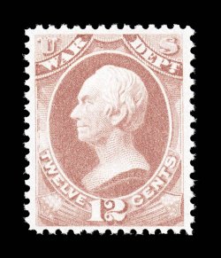 O119, 12c War, on soft porous paper, well centered within uncommonly large margins, strong bright color on fresh paper, o.g., n.h., extremely fine 2007 PF certificate (XF 90
SMQ does not price never hinged) the highest grade awarded to a ne