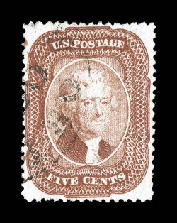 27, 5c Brick red, Ty. I, unusually well centered, with the design clear of the perforations all around, bright color and a fine impression, light town cancel, single improved
perforation at left, otherwise extremely fine clear 1977 PF certifica