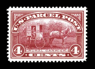 Q4, 4c Parcel Post, gorgeous mint single, boasting incredibly intense fiery color, outstanding centering as well, with huge well balanced margins all around, o.g., n.h.,
extremely fine a stamp with great eye appeal 2001 PF certificate ex-
