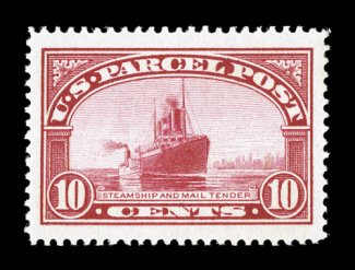Q6, 10c Parcel Post, a spectacular mint example, being precisely centered within absolutely enormous margins all around, strong color and a crisp detailed impression, o.g.,
n.h., a few light natural gum skips, extremely fine an eye-arresting ge