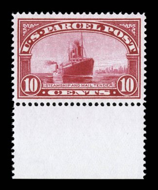 Q6, 10c Parcel Post, an exceedingly choice bottom sheet-margin single, remarkably well centered within very large margins, radiant rich color and a vivid impression on bright
white paper, o.g., n.h., extremely fine gem.