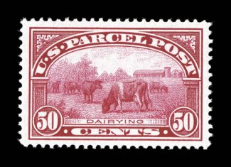Q10, 50c Parcel Post, a remarkably choice mint example, being marvelously well centered within uncharacteristically large margins, beautiful color that is especially bright and
radiant, o.g., n.h., an extremely fine gem 2008 PSE certificate (XF