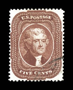 28, 5c Red brown, Ty. I, lovely used example, possessing outstanding color that is especially deep and intense, razor-sharp impression, exceptionally well centered, with the
design clearing the perforations nearly all around, faint postmark conf