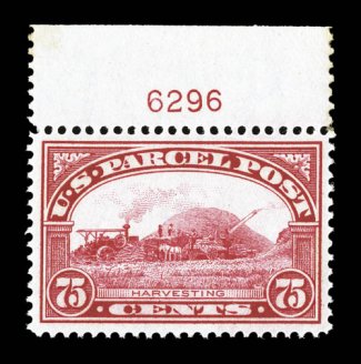 Q11, 75c Parcel Post, top margin plate no. 6296 single, exceedingly well centered within large margins, rich color, pristine o.g., n.h., extremely fine and quite choice 1999 PF
certificate.