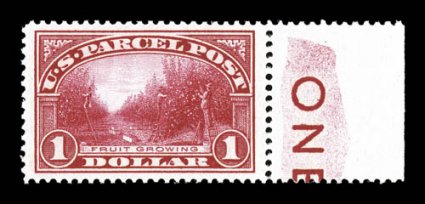 Q12, $1.00 Parcel Post, a beautiful right sheet-margin partial imprint single, as this stamp not only features absolutely radiant color, but it is perfectly centered amid
especially wide margins, plus its impression is sharp on bright paper, imm