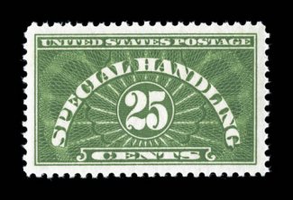 QE4a, 25c Yellow green Special Handling, large and perfectly balanced margins all around, lovely rich bright color, unblemished o.g., n.h., extremely fine gem 2008 PSE
certificate (Superb 98 SMQ $385.00) only one example in the PSE population