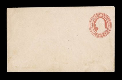 U1, 3c Red on white, die 1, size 2, knife 2, wmk. 1, elusive mint example of this extremely rare entire, the smaller and more desirable size 2 which is valued 20% higher in
UPSS, light fold and insignificant reduction at left, faint soiling at b