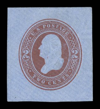 U290, 2c Brown on blue, mint cut square, measuring a well balanced 37x40mm, strong color, extremely fine an especially rare cut square in this premium
condition.