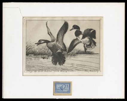 RW1, 1934 $1.00 Hunting Permit print, by J. N. Ding Darling, black and white print approximately 8 12 x 12 12 (plate size about 5 34 x 8 12), with pencil notation at bottom
Design for First Federal Duck Stamp - 1934 - Ding Darling mo