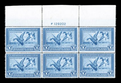 RW1, 1934 $1.00 Blue, top margin block of six with plate no. F129202, strong rich color, o.g., a few h.r.s, three stamps n.h., a couple minor gum bends, fine-very fine
cataloged as six singles.