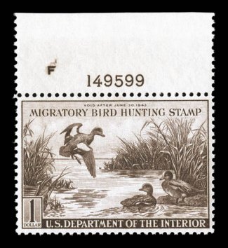 RW9, 1942 $1.00 Violet brown, top margin plate no. F149599 single, well centered and fresh, o.g., n.h., extremely fine 2008 PSE certificate (XF 90 SMQ
$380.00).