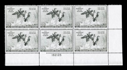 RW18, 1951 $2.00 Gray black, bottom right margin plate no. 162125 block of six, strong color, o.g., n.h., fine.