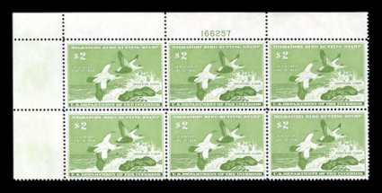 RW24, 1957 $2.00 Emerald, top left margin plate no. 166257 block of six, exceptionally well centered, bright color, o.g., n.h., bottom left stamp with small natural inclusion,
very fine-extremely fine.