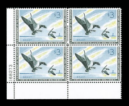 RW30, 1963 $3.00 Multicolored, bottom left margin plate no. 168273 block of four, well centered, strong colors, o.g., n.h., very fine.