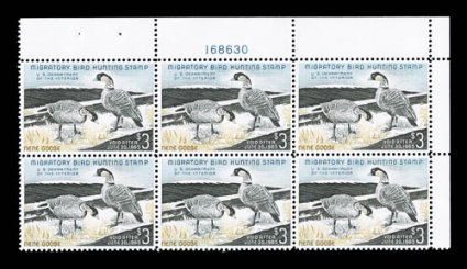 RW31, 1964 $3.00 Multicolored, top right margin plate no. 168630 block of six, attractive colors, o.g., n.h., a fine-very fine example of this key plate
block.