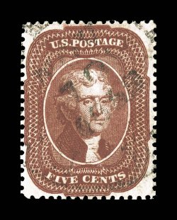 28A, 5c Indian red, Ty. I, attractive used example of this rare stamp, with glorious rich color in the true Indian red shade, prooflike impression, well centered, light c.d.s.
cancel, very fine 1984 PF certificate.