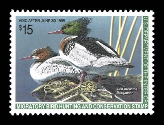 RW61, 1994 $15.00 Multicolored, mathematically precise centering within large margins, brilliantly fresh, o.g., n.h., superb 2007 PSE certificate (Gem 100 SMQ $220.00) the
highest grade the PSE has awarded this stamp.