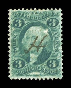 R18ce, 3c Proprietary, double impression, two strong distinct impressions, small ms. cancel, small facial scrape at top right of Washingtons head, fine appearance an extremely
rare variety, with only a minute number in existence, clearly under