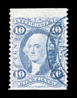 R34be, 10c Contract ultramarine, part perforate, highly desirable used single of this elusive revenue, well centered, fresh color, blue handstamp cancel, choice very fine
ex-Joyce.