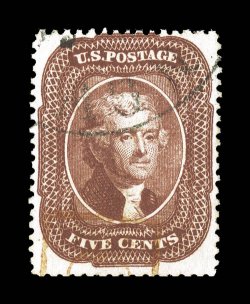 28A, 5c Indian red, Ty. I, strong rich color and a detailed impression, nicely centered, light c.d.s. and a red transit pmk. at bottom, faint trace of a crease, otherwise very
fine clear 1968 PF certificate for a strip of three, this being the